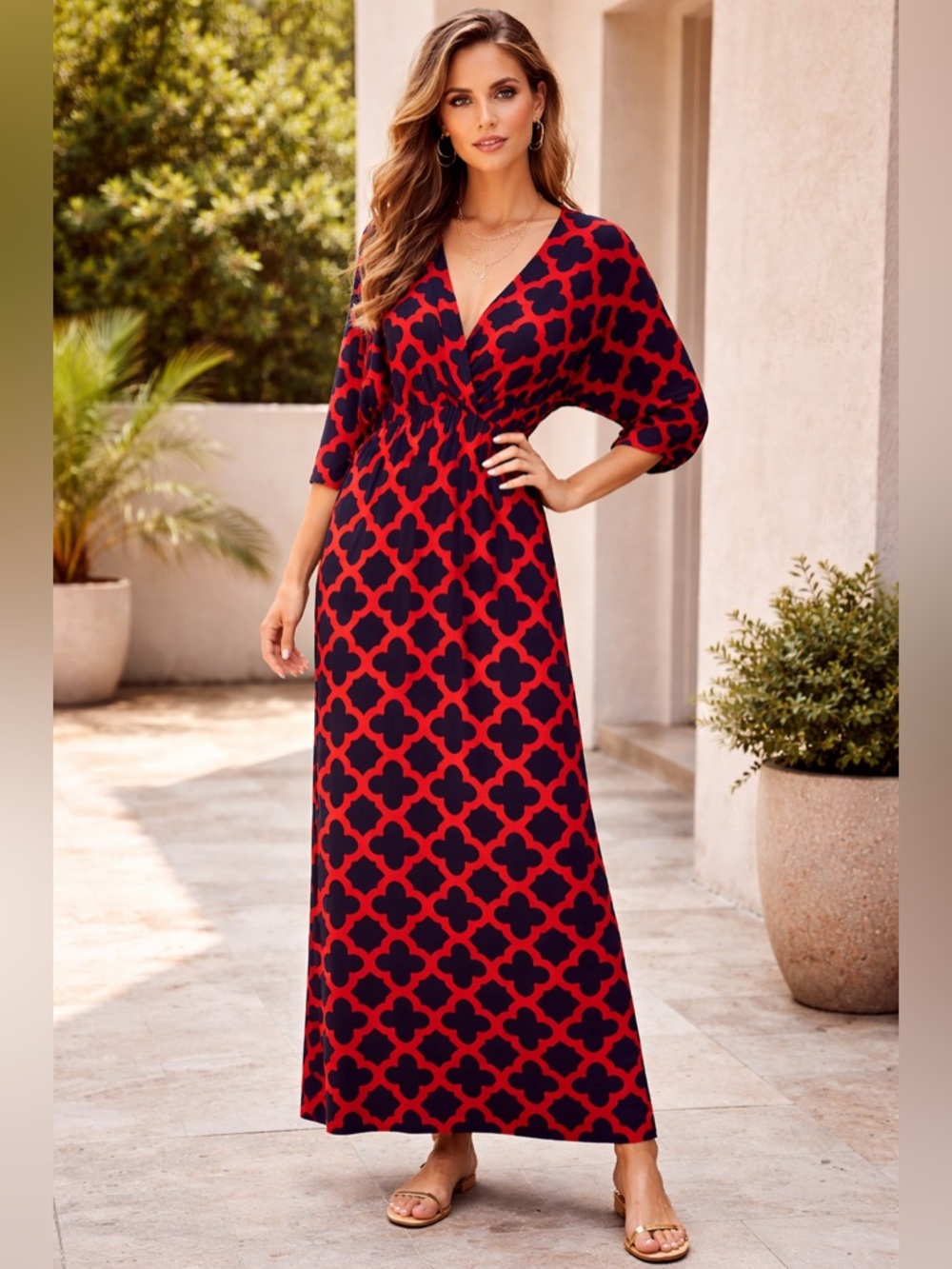 Flirty Pink Navy & Red Geometric Maxi Dress